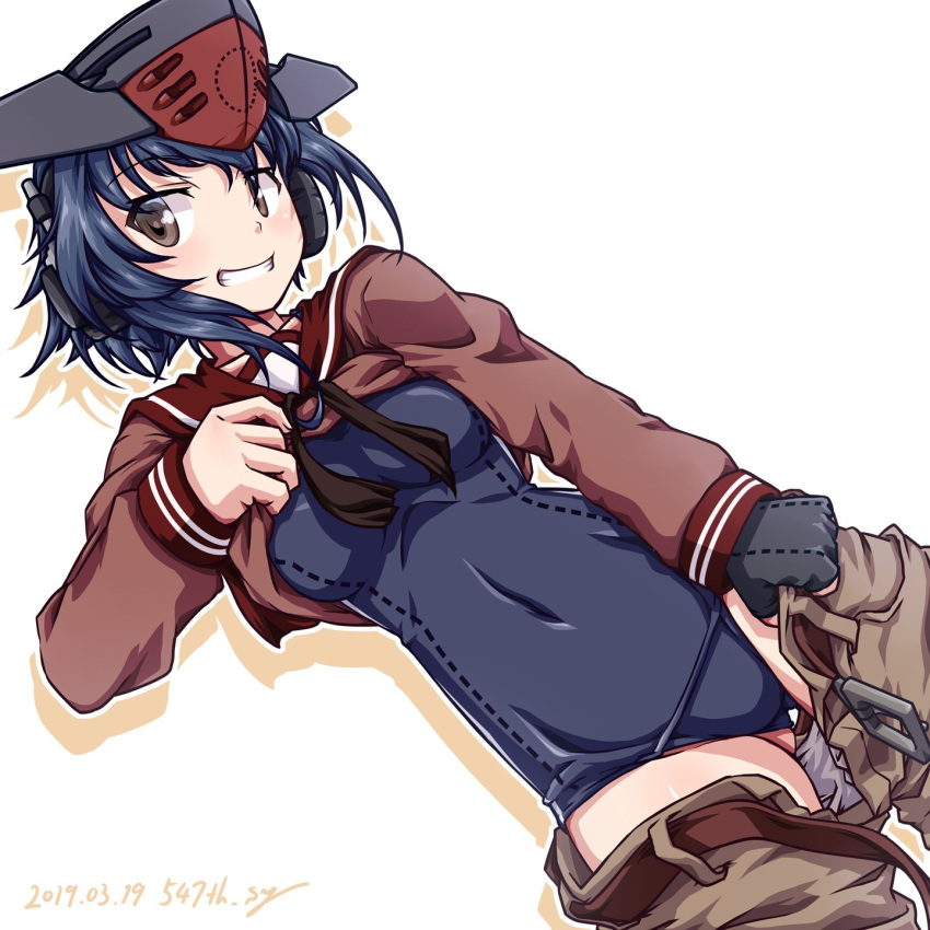 1girl, 547th_sy, asymmetrical_hair, beige_background, belt, black_hair, black_swimsuit, brown_belt, brown_eyes, brown_sailor_collar, brown_serafuku, brown_shorts, commentary_request, cosplay, cowboy_shot, dated, dutch_angle, gloves, grin, hair_between_eyes, headphones, highres, i-14_(kantai_collection), kantai_collection, long_sleeves, looking_at_viewer, mogami_(kantai_collection), mogami_(kantai_collection)_(cosplay), partly_fingerless_gloves, sailor_collar, school_swimsuit, school_uniform, serafuku, shirt_lift, short_hair, shorts, simple_background, single_glove, smile, solo, swimsuit, swimsuit_under_clothes, twitter_username, undressing