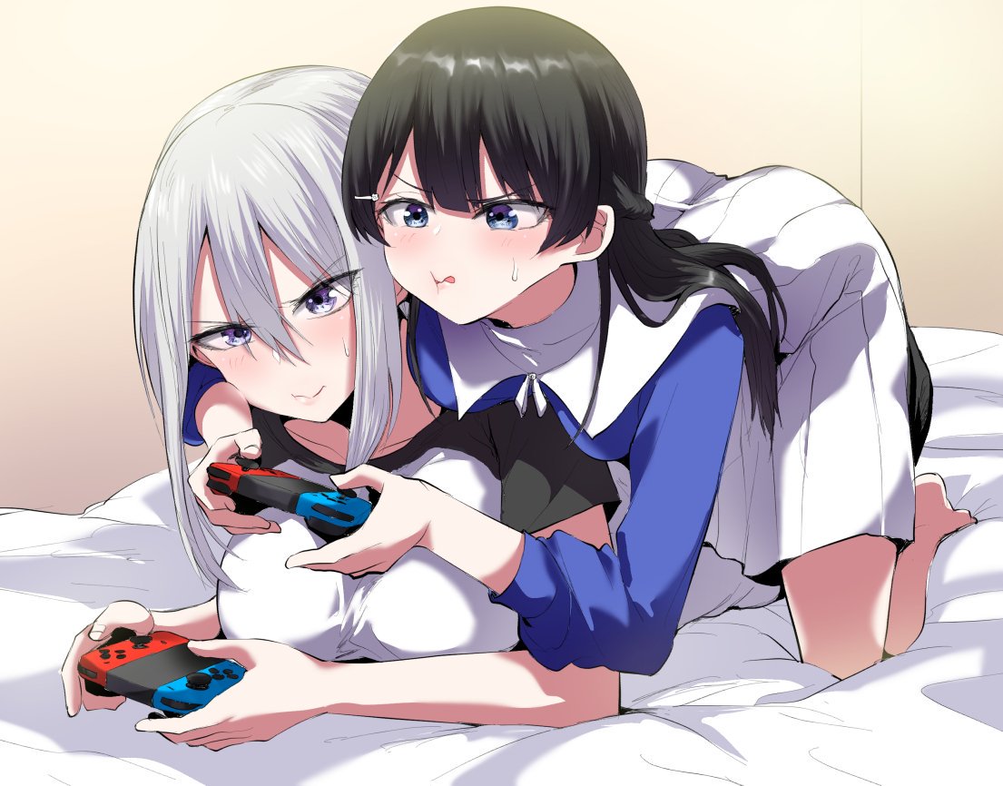 bangs, black_hair, blush, braid, higuchi_kaede, long_hair, nijisanji, nintendo_switch