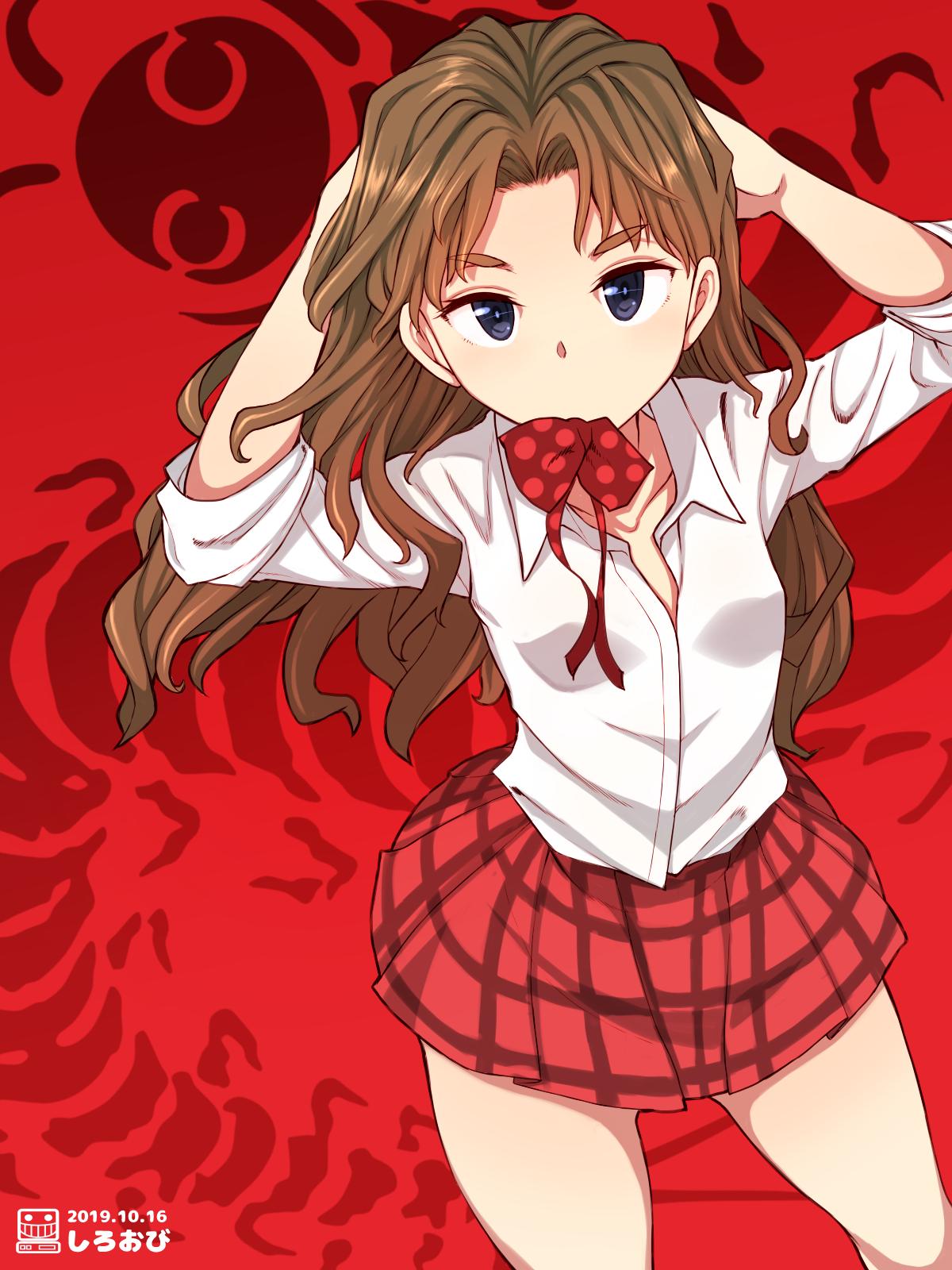 1girl, bang, bow, bowtie, bug, centipede, collarbone, endou_haruka, finger_gun, girls_und_panzer, girls_und_panzer_ribbon_no_musha, highres, long_hair, looking_at_viewer, redhead, ribbon, shiroobi_(whitebeltmaster), skirt