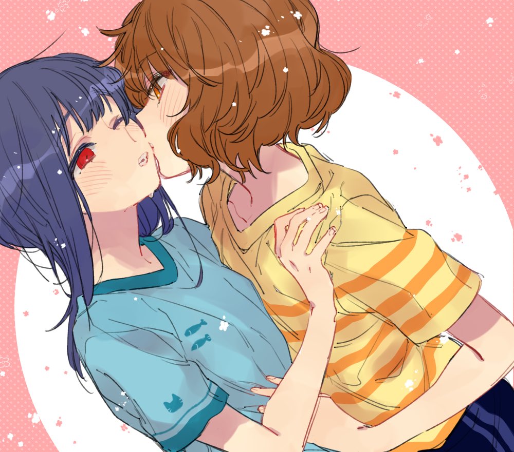 2girls, blue_hair, blush, brown_hair, hibike!_euphonium, kiss, long_hair, medium_hair, multiple_girls, oumae_kumiko, red_eyes, torigara_cha, yellow_eyes, yoroizuka_mizore, yuri