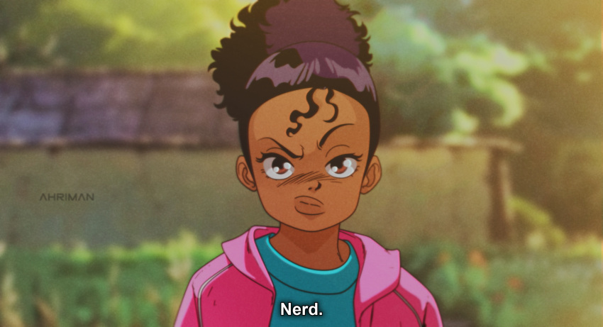 1girl, 90s, artist_name, black_hair, blue_shirt, blurry, blurry_background, brown_eyes