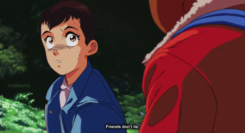 90s, artist_name, blue_jacket, blurry_foreground, brown_eyes, brown_hair, character_request, close-up