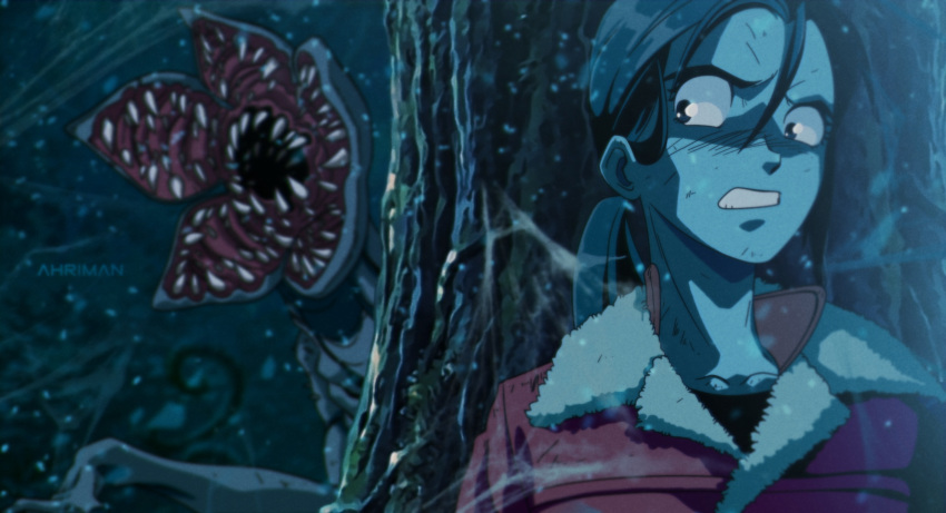 1girl, 90s, against_tree, artist_name, black_hair, blue_eyes, blue_theme, brown_hair