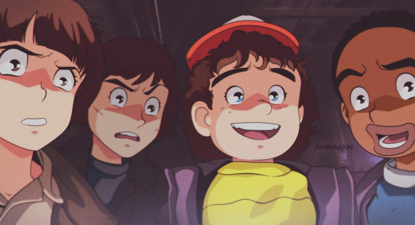 4boys, 90s, :d, artist_name, baseball_cap, black_hair, blue_eyes, blue_shirt