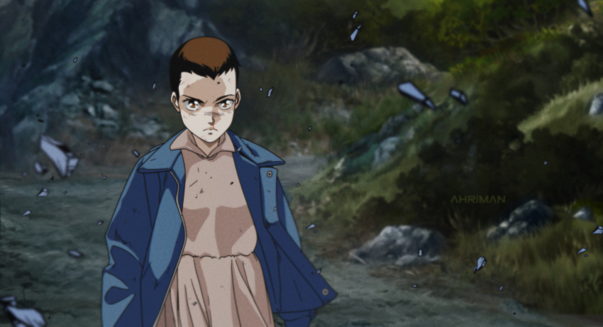 1girl, 90s, artist_name, blood, blue_jacket, blurry, blurry_background, brown_eyes