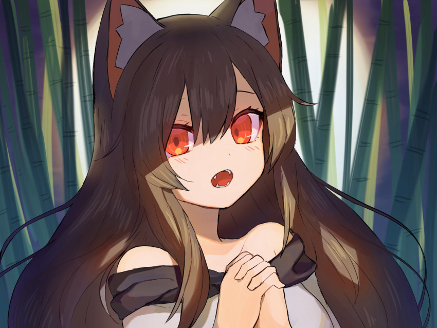1girl, animal_ears, bamboo, bamboo_forest, bare_shoulders, brown_hair, dress, fangs