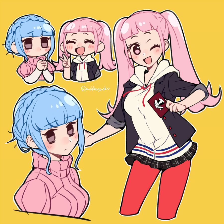 2girls, atlus, black_jacket, blue_hair, braid, brown_eyes, closed_eyes, cosplay, crown_braid, do_m_kaeru, drawstring, fire_emblem, fire_emblem:_three_houses, fire_emblem:_three_houses, hilda_valentine_goneril, hood, hood_down, intelligent_systems, jacket, koei_tecmo, long_hair, marianne_von_edmund, megami_tensei, moe, multiple_girls, nintendo, okumura_haru, okumura_haru_(cosplay), one_eye_closed, open_clothes, open_jacket, open_mouth, pantyhose, persona, persona_5, pink_eyes, pink_hair, red_legwear, ribbed_sweater, short_sleeves, shuujin_academy_uniform, simple_background, skirt, super_smash_bros., sweater, takamaki_anne, takamaki_anne_(cosplay), turtleneck, turtleneck_sweater, twintails, twitter_username, uniform, yellow_background