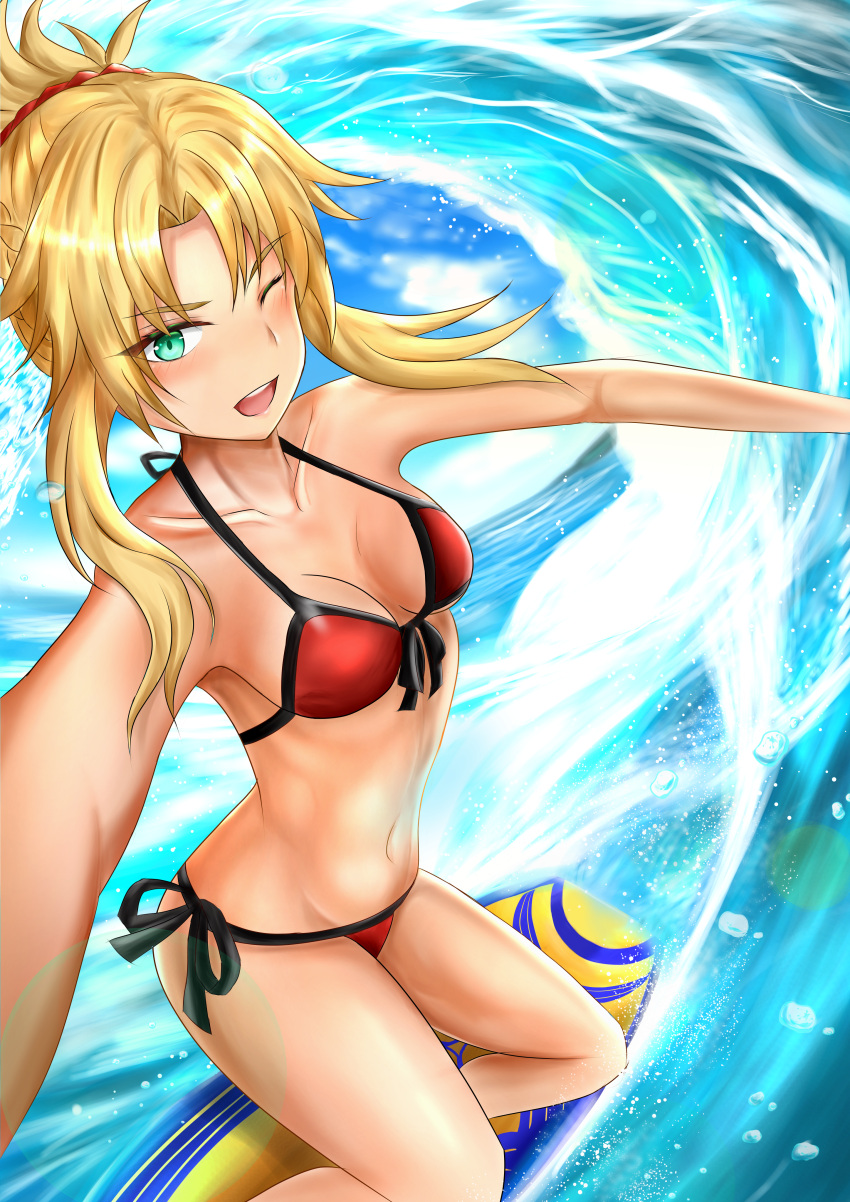 1girl, :d, absurdres, akizuki_(mizudorif), bikini, blonde_hair, blush, breasts