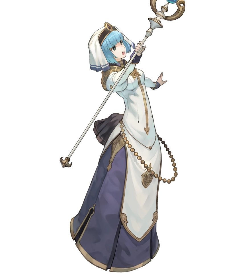1girl, bangs, blonde_hair, breasts, detached_sleeves, dress, fire_emblem, fire_emblem_echoes:_shadows_of_valentia, fire_emblem_heroes, full_body, green_eyes, habit, highres, lack, long_dress, long_sleeves, medium_breasts, official_art, puffy_sleeves, short_hair, silque_(fire_emblem), solo, transparent_background, turtleneck