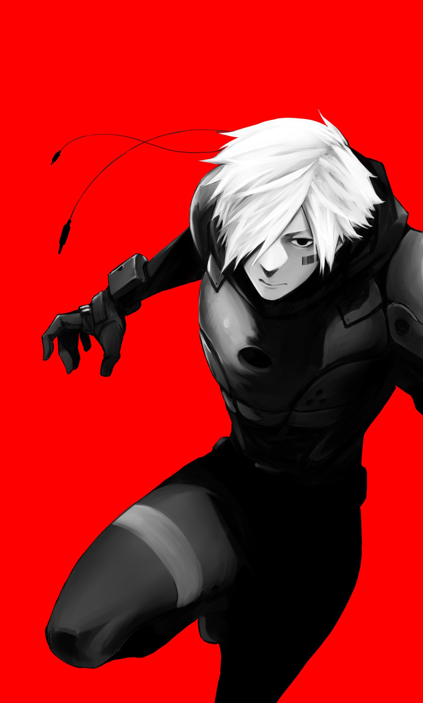 absurdres, armor, barcode, barcode_tattoo, black_eyes, black_gloves, closed_mouth, gloves, greyscale, hair_over_one_eye, heart_gear, highres, male_focus, monochrome, pauldrons, red_background, simple_background, tattoo, tsuyoshi_takaki, white_hair