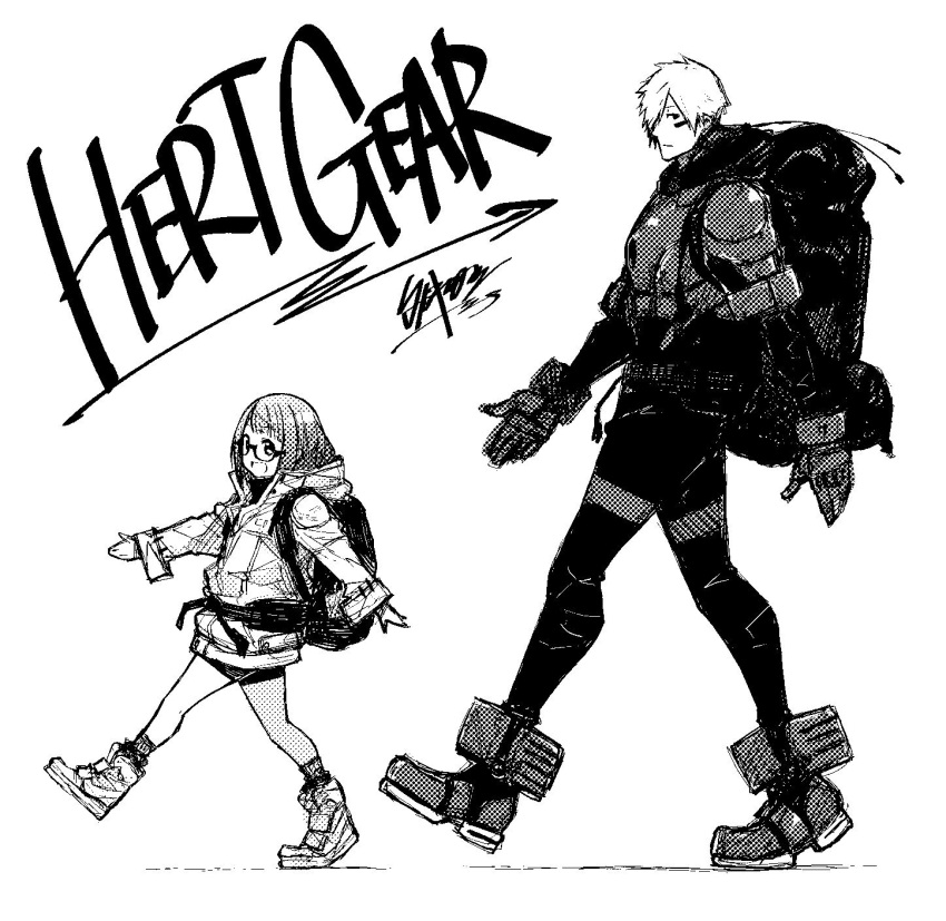 1boy, 1girl, age_difference, backpack, bag, bangs, black-framed_eyewear, closed_mouth
