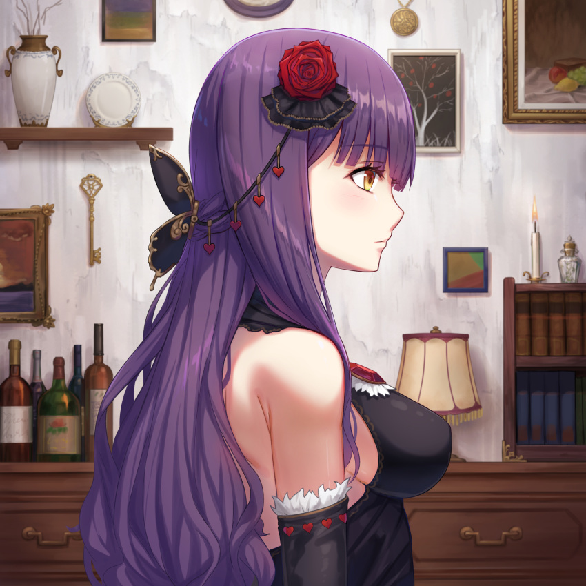 1girl, bangs, bare_shoulders, black_dress, bottle, breasts, brown_eyes, candle