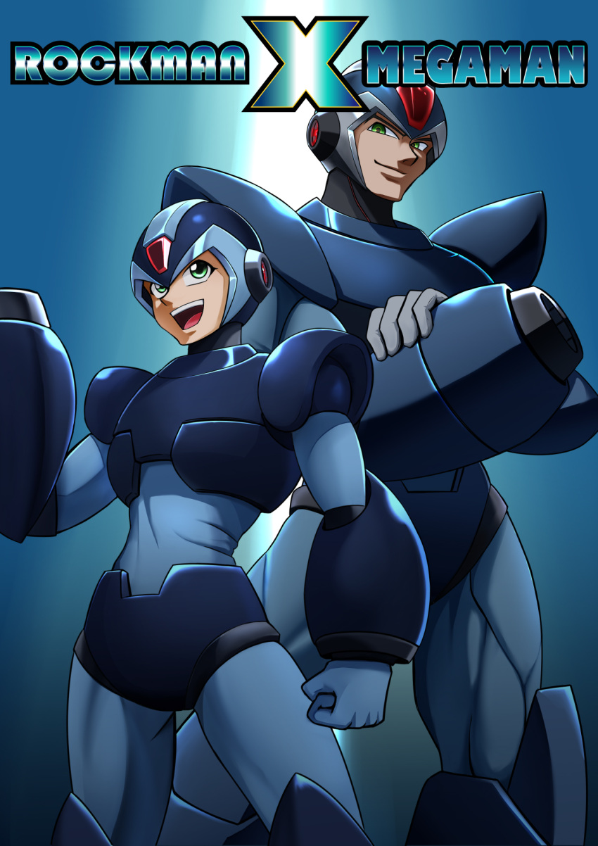 2boys, android, arm_cannon, armor, blue_gloves, commentary, dual_persona, gloves
