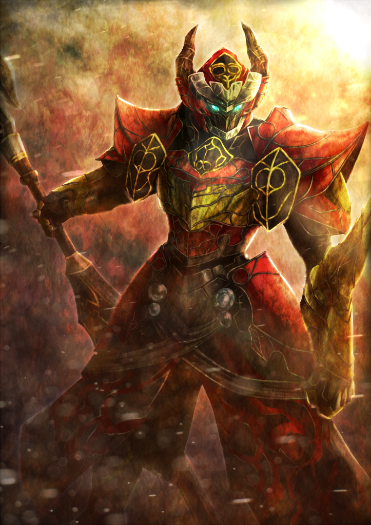 1boy, arm_blade, blue_eyes, clenched_hand, commentary, holding, holding_sword, holding_weapon
