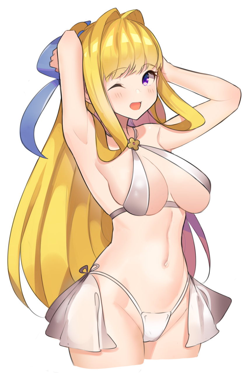 1girl, armpits, arms_up, bare_shoulders, blonde_hair, bow, breasts, hair_bow, harukagi, highres, kono_yuusha_ga_ore_tueee_kuse_ni_shinchou_sugiru, large_breasts, long_hair, looking_at_viewer, navel, one_eye_closed, open_mouth, ristarte_(kono_yuusha_ga_ore_tueee_kuse_ni_shinchou_sugiru), solo, swimsuit, violet_eyes