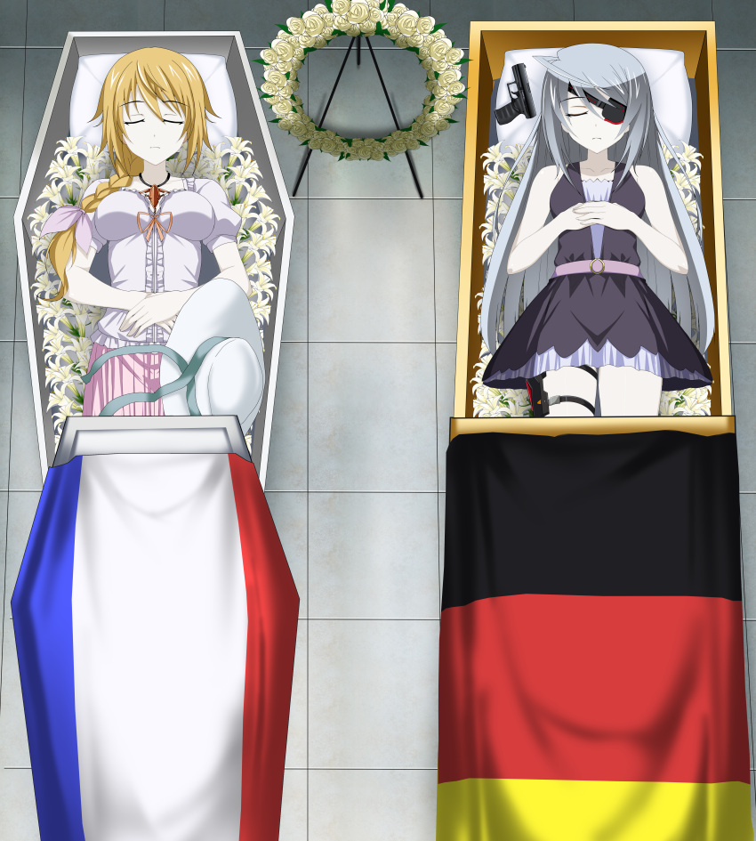 2girls, absurdres, blonde_hair, charlotte_dunois, closed_eyes, coffin, corpse, eyepatch
