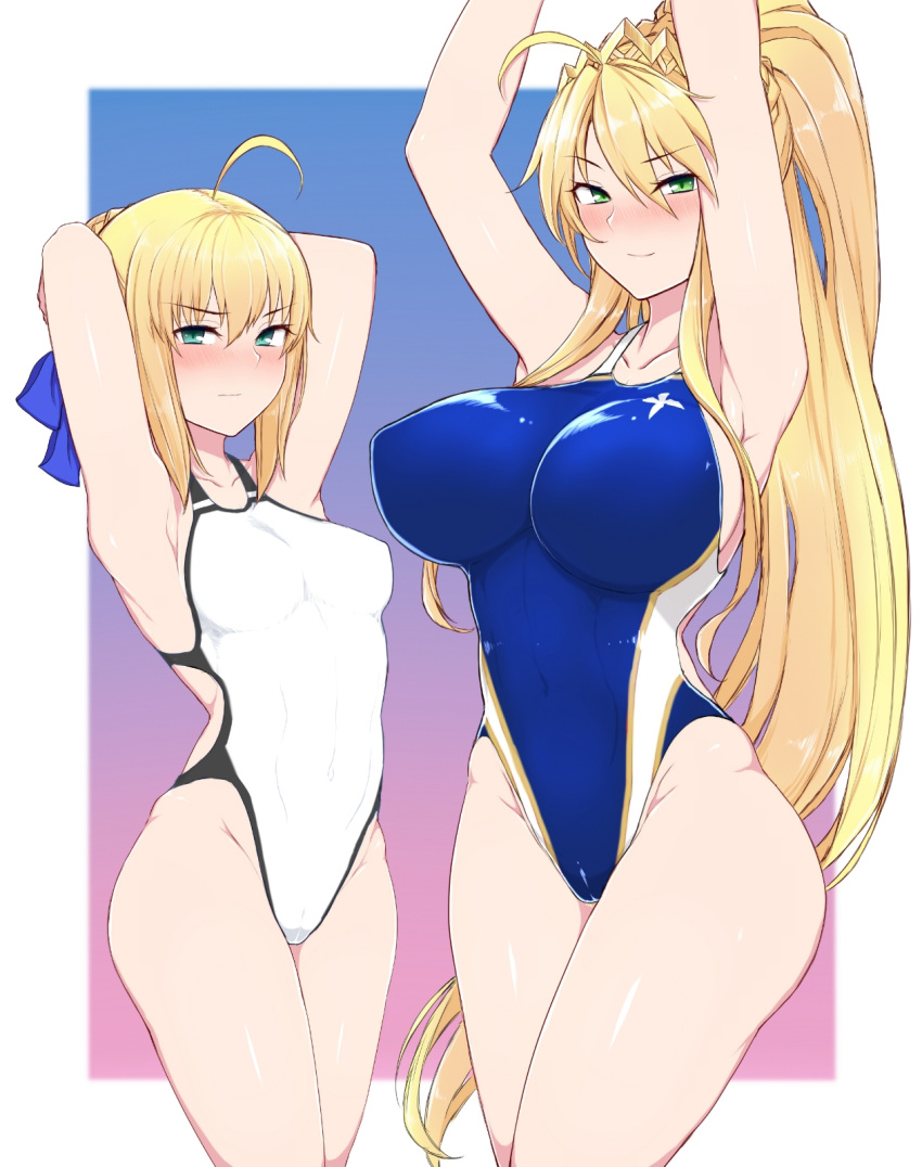 2girls, ahoge, armpits, arms_behind_head, artoria_pendragon_(all), artoria_pendragon_(lancer), blonde_hair, blush, breast_envy, breasts, closed_mouth, collarbone, competition_swimsuit, fate/grand_order, fate_(series), full-face_blush, green_eyes, height_difference, highres, kuyou_(artist), large_breasts, long_hair, long_ponytail, looking_at_viewer, medium_breasts, medium_hair, multiple_girls, one-piece_swimsuit, saber, sidelocks, swimsuit, thighs, very_long_hair