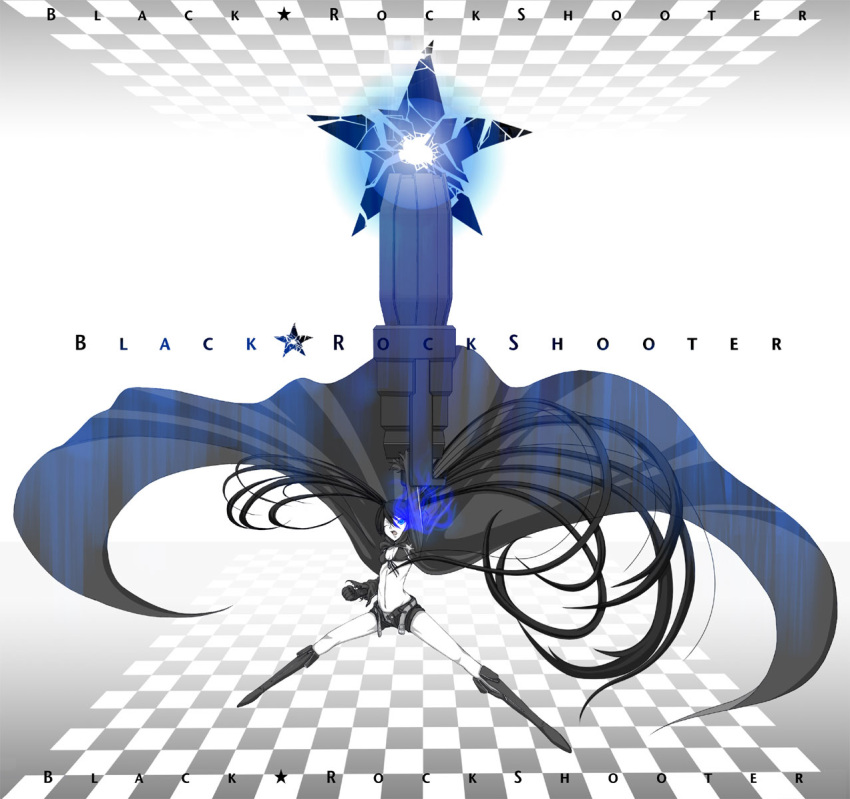 belt, black_hair, black_rock_shooter, black_rock_shooter_(character), blue_eyes, gun, highres, long_hair