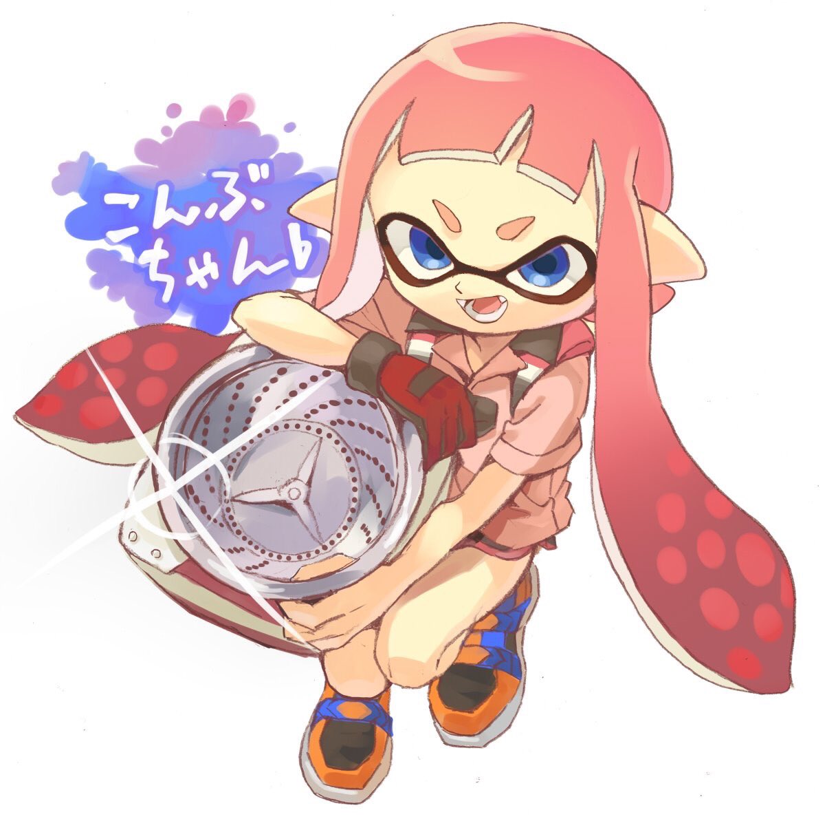 1girl, bangs, black_shorts, blue_eyes, blunt_bangs, collared_shirt, commentary_request, diffraction_spikes, domino_mask, fang, full_body, gloves, gym_shorts, holding, holding_weapon, inkling, long_hair, looking_at_viewer, mask, open_mouth, orange_footwear, pink_hair, pink_shirt, pointy_ears, red_gloves, shiohi, shirt, shoes, short_sleeves, shorts, simple_background, single_glove, sloshing_machine_(splatoon), smile, solo, splatoon_(series), splatoon_2, squatting, tentacle_hair, weapon, white_background