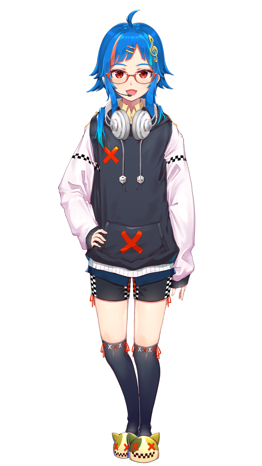 absurdres, androgynous, animal_slippers, black_legwear, black_shirt, blue_hair, checkered, dice