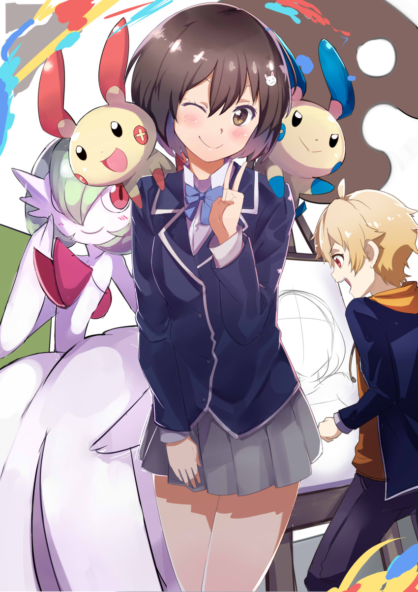 1boy, 1girl, absurdres, blazer, blush, brown_eyes, closed_eyes, drawing