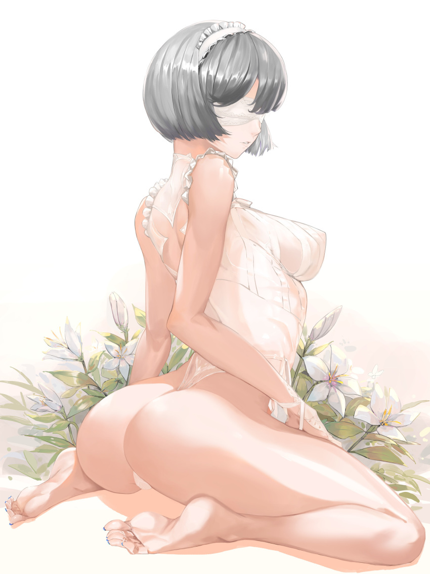 1girl, absurdres, arm_at_side, ass, bamuth, bare_legs, bare_shoulders, barefoot