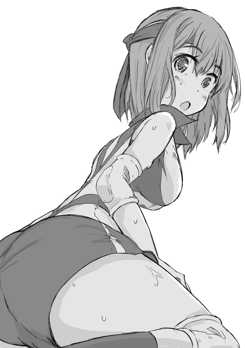1girl, :o, absurdres, ass, bangs, blush, commentary, elbow_pads