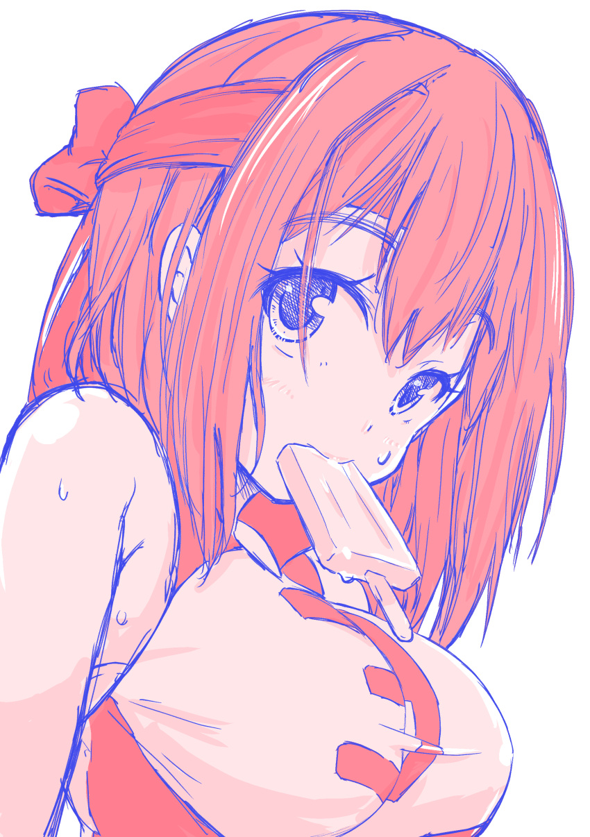1girl, absurdres, bangs, breasts, brown_eyes, brown_hair, commentary, eyebrows_visible_through_hair, food, food_in_mouth, girls_und_panzer, headband, highres, kondou_taeko, limited_palette, looking_at_viewer, medium_breasts, medium_hair, mouth_hold, popsicle, red_headband, red_shirt, shiiba_aki, shirt, sketch, sleeveless, sleeveless_shirt, solo, sportswear, sweatdrop, volleyball_uniform