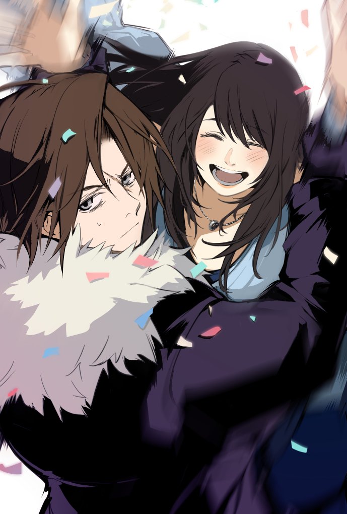 1boy, 1girl, arms_up, black_gloves, black_hair, blurry, blush, brown_eyes