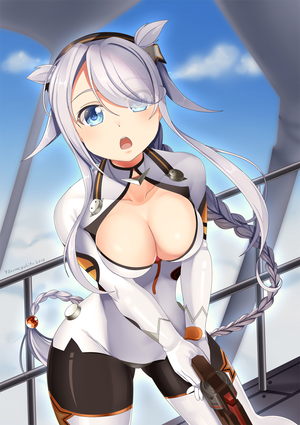 1girl, bangs, blue_eyes, blue_sky, blush, bodysuit, braid, breasts