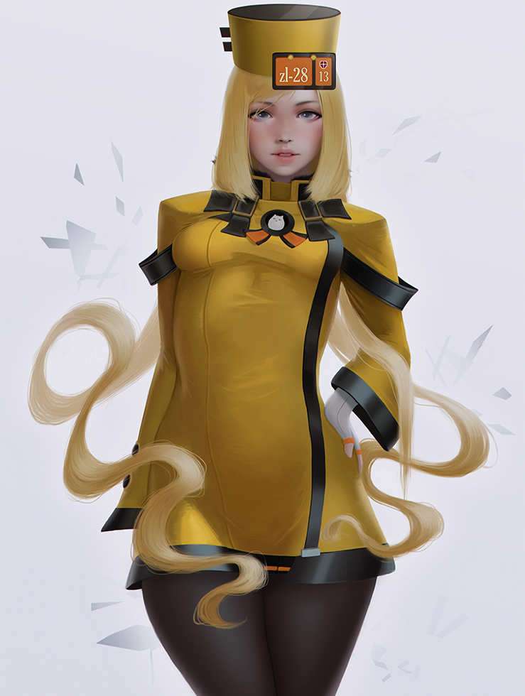 1girl, bangs, black_legwear, blonde_hair, blue_eyes, breasts, commentary, commission, dress, english_commentary, fingerless_gloves, gloves, guilty_gear, guilty_gear_xrd, hand_on_hip, hat, legs_together, lips, long_hair, millia_rage, neozumi, nose, pantyhose, prehensile_hair, short_dress, small_breasts, solo, standing, swept_bangs, very_long_hair, white_background, white_gloves, yellow_dress, yellow_headwear