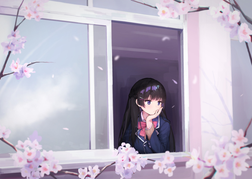 1girl, black_hair, blazer, blue_eyes, bow, bowtie, braid, cherry_blossoms