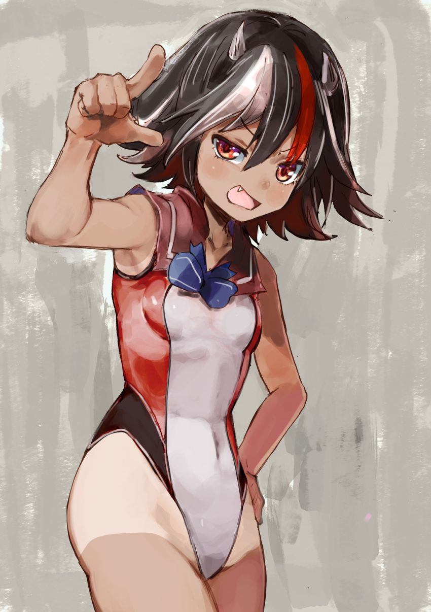 1girl, armpit_peek, ass, black_hair, blue_bow, blue_neckwear, bow, breasts, brown_hair, brown_sailor_collar, brown_swimsuit, commentary_request, covered_navel, cowboy_shot, eyebrows_visible_through_hair, fang, hair_between_eyes, hand_on_hip, highleg, highleg_swimsuit, highres, horns, kijin_seija, looking_at_viewer, multicolored, multicolored_clothes, multicolored_hair, multicolored_swimsuit, one-piece_swimsuit, open_mouth, pointing, red_eyes, red_sailor_collar, red_swimsuit, redhead, sailor_collar, sailor_one-piece_swimsuit, short_hair, small_breasts, smile, smug, solo, streaked_hair, swimsuit, tan, tanline, touhou, v-shaped_eyebrows, white_hair, white_swimsuit, yohane