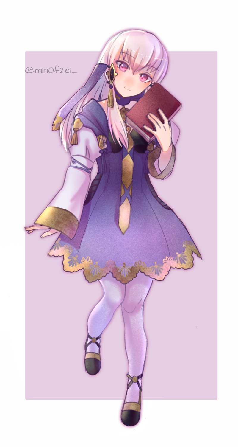 1girl, book, closed_mouth, dress, fire_emblem, fire_emblem:_three_houses, full_body, hair_ornament, highres, holding, holding_book, long_hair, long_sleeves, lysithea_von_ordelia, m1n0f2e1, pantyhose, pink_eyes, simple_background, smile, solo, twitter_username, white_hair, white_legwear