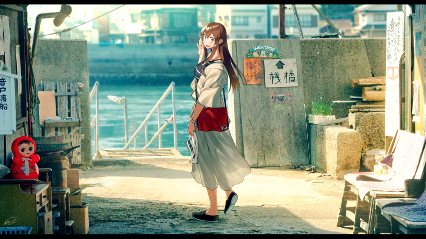 1girl, :d, akagi_(kantai_collection), bag, blew_andwhite, blush, breasts, brown_eyes