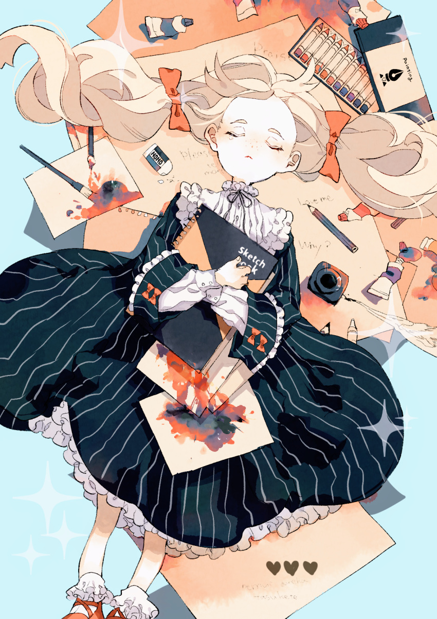 1girl, black_dress, blonde_hair, blue_background, book, bow, closed_eyes, dress