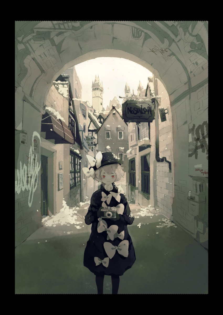 1girl, arch, awning, black_border, black_coat, black_headwear, black_legwear, border, bow, breath, building, camera, cityscape, commentary, gloves, graffiti, hair_bow, hat, hat_bow, higashino, highres, holding, holding_camera, long_sleeves, looking_at_viewer, original, original_character, outdoors, red_eyes, short_hair, sign, sky, snow, snowing, solo, standing, tower, vintage, white_bow