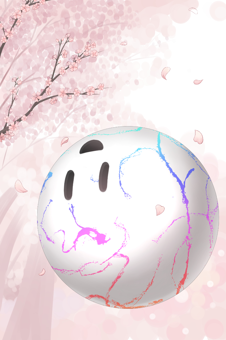 1other, cherry_blossoms, commentary_request, empty_eyes, hal_laboratory_inc., highres, hoshi_no_kirby, kirby:_star_allies, kirby_(series), monster, multicolored, multicolored_background, nintendo, no_humans, open_mouth, petals, pink_background, pink_theme, rainbow, smile, solo, sora_(sunday_sky), spoilers, tree, tree_branch, upside-down, veins, void_soul, white_background, white_skin, white_sky