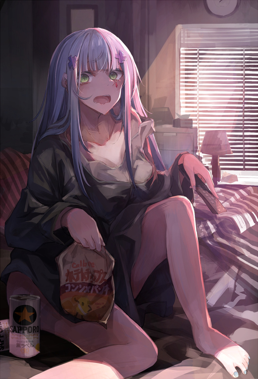 alternate_costume, barefoot, beer_can, blue_hair, calbee_(potato_chips), can, green_eyes, highres