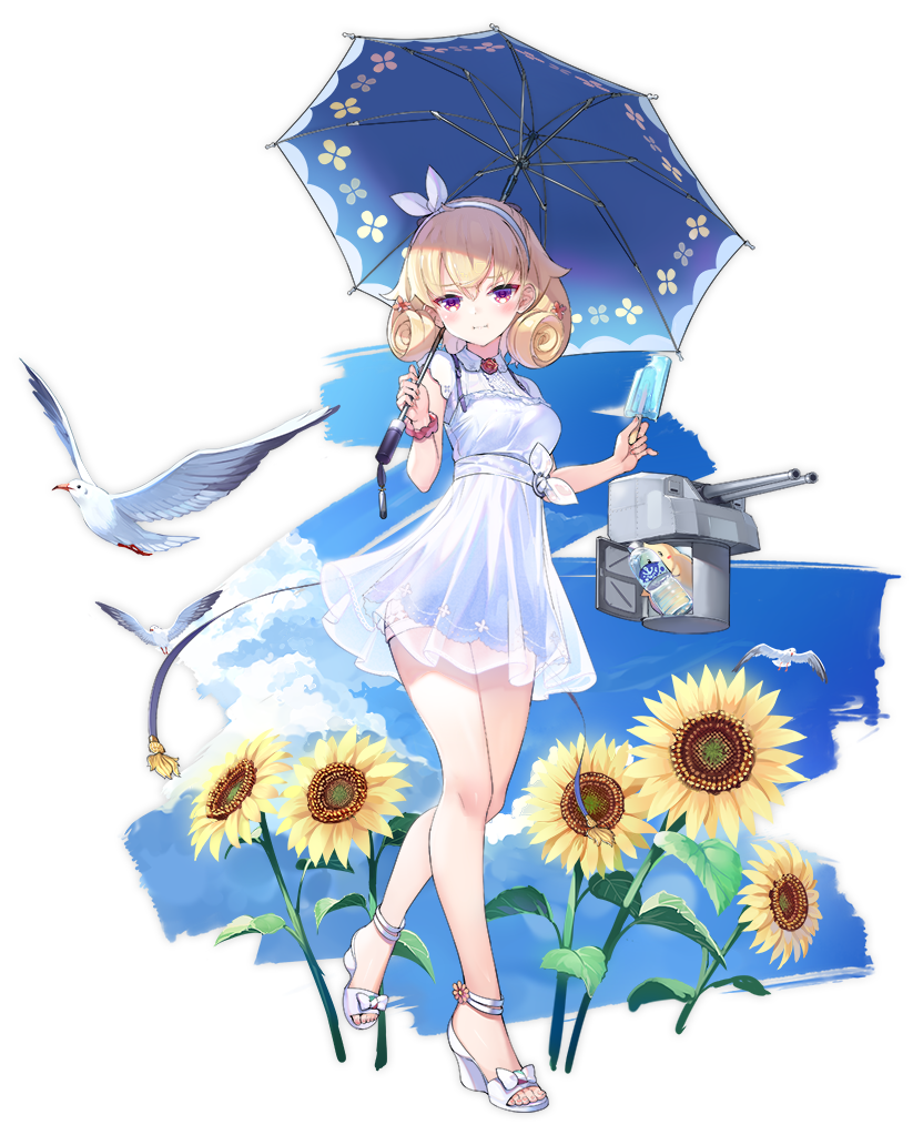1girl, =, alternate_costume, azur_lane, beach, bird, blonde_hair, blurry