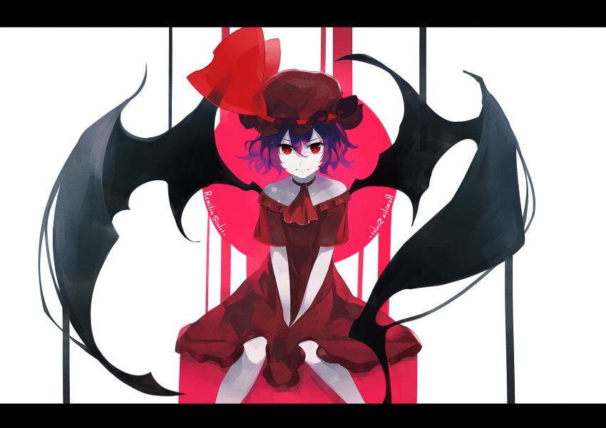1girl, ascot, bat_wings, between_legs, blue_hair, character_name, commentary_request, dress