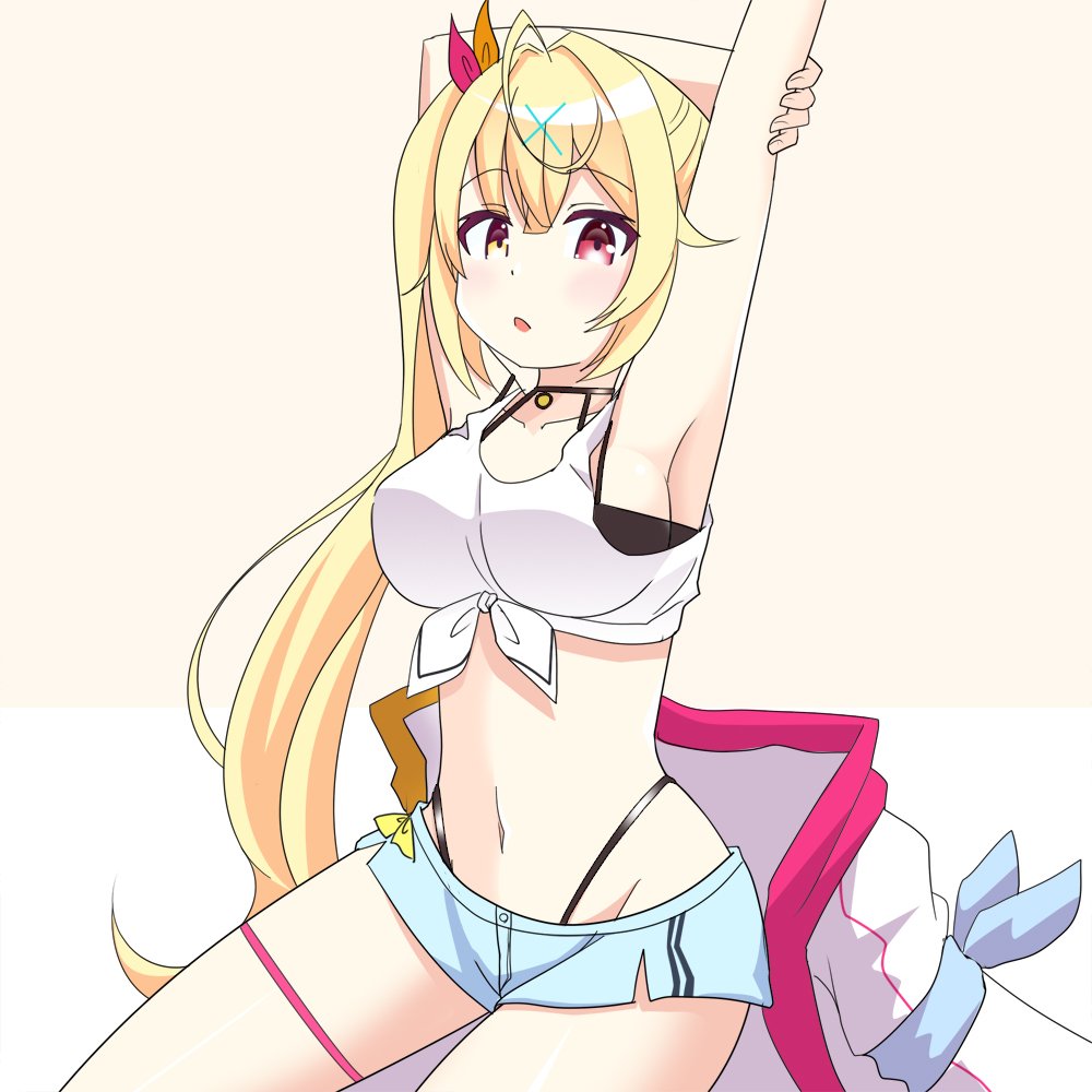 1girl, ahoge, armpits, arms_up, bare_arms, blonde_hair, blue_shorts, breasts, commentary_request, crop_top, front-tie_top, fyvccpwdmk8ikvu, hair_ornament, hair_ribbon, heterochromia, highleg, hoshikawa_sara, jacket, jacket_removed, large_breasts, long_hair, looking_at_viewer, midriff, navel, nijisanji, parted_lips, red_eyes, ribbon, shirt, short_shorts, shorts, side_ponytail, sitting, sleeveless, sleeveless_shirt, solo, stomach, stretch, tank_top, thigh_strap, thighs, very_long_hair, virtual_youtuber, white_jacket, white_shirt, x_hair_ornament, yellow_eyes