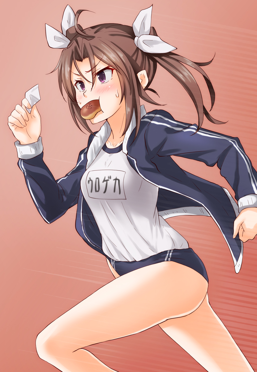 anti_(untea9), blush, borrowing_race, bread_eating_race, brown_hair, buruma, gym_uniform, highres