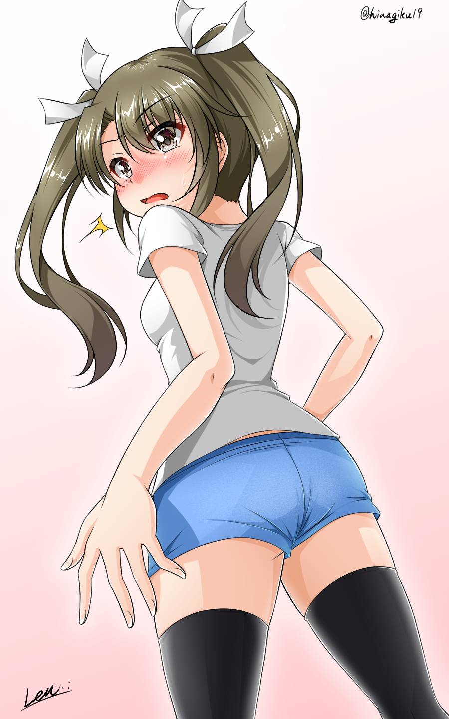 1girl, alternate_costume, blush, hair_ribbon, highres, hinagiku-19, kantai_collection, long_hair, pink_background, ribbon, short_shorts, shorts, solo, thigh-highs, thighs, twintails, zuikaku_(kantai_collection)