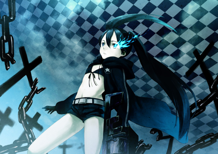 bikini, black&acirc;&tilde;&hellip;rock_shooter, black_hair, black_rock_shooter, black_rock_shooter_(character), blue_eyes, cape, chain
