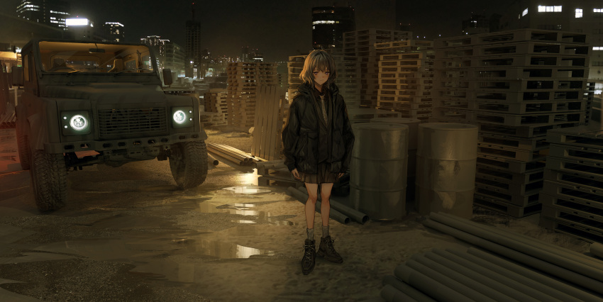 1girl, baggy_clothes, bangs, barrel, black_footwear, black_jacket, black_skirt, boots