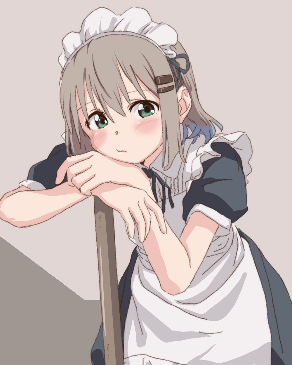 1girl, blush, chin_rest, closed_eyes, commentary_request, green_eyes, hair_ornament, hairclip, highres, light_brown_hair, looking_at_viewer, maid, maid_dress, maid_headdress, short_sleeves, solo, yama_no_susume, yougiri, yukimura_aoi