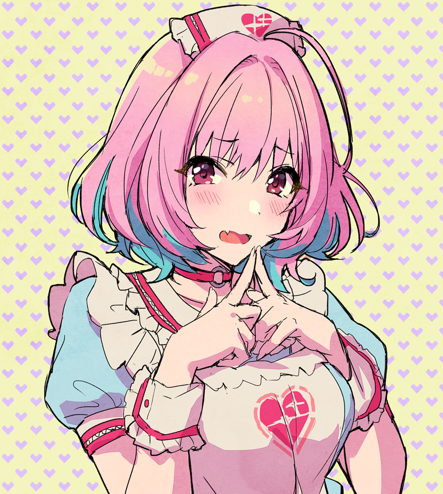 1girl, apron, bangs, blue_hair, blue_shirt, blush, breasts, choker