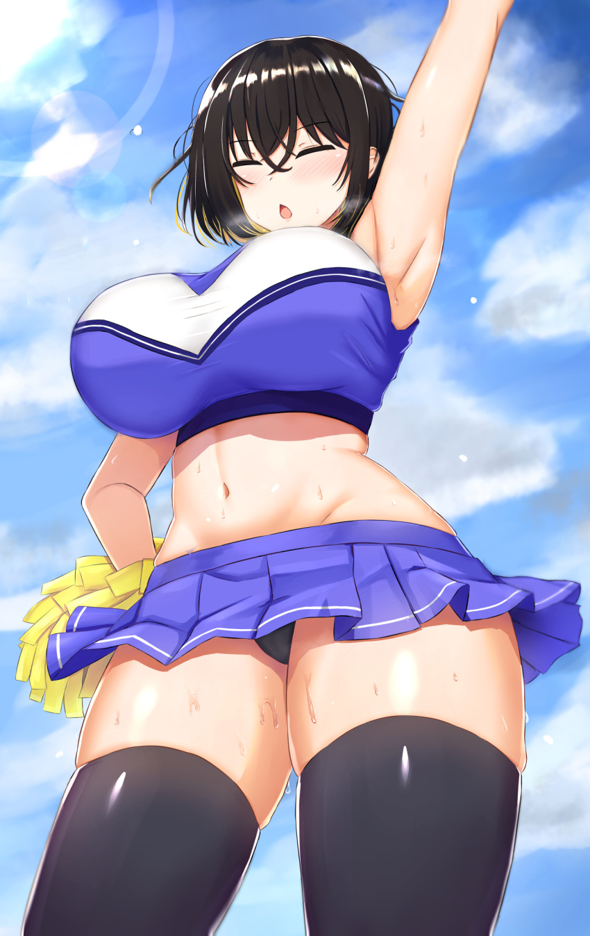 1girl, armpits, black_hair, black_legwear, black_panties, blonde_hair, blue_shirt, blue_skirt