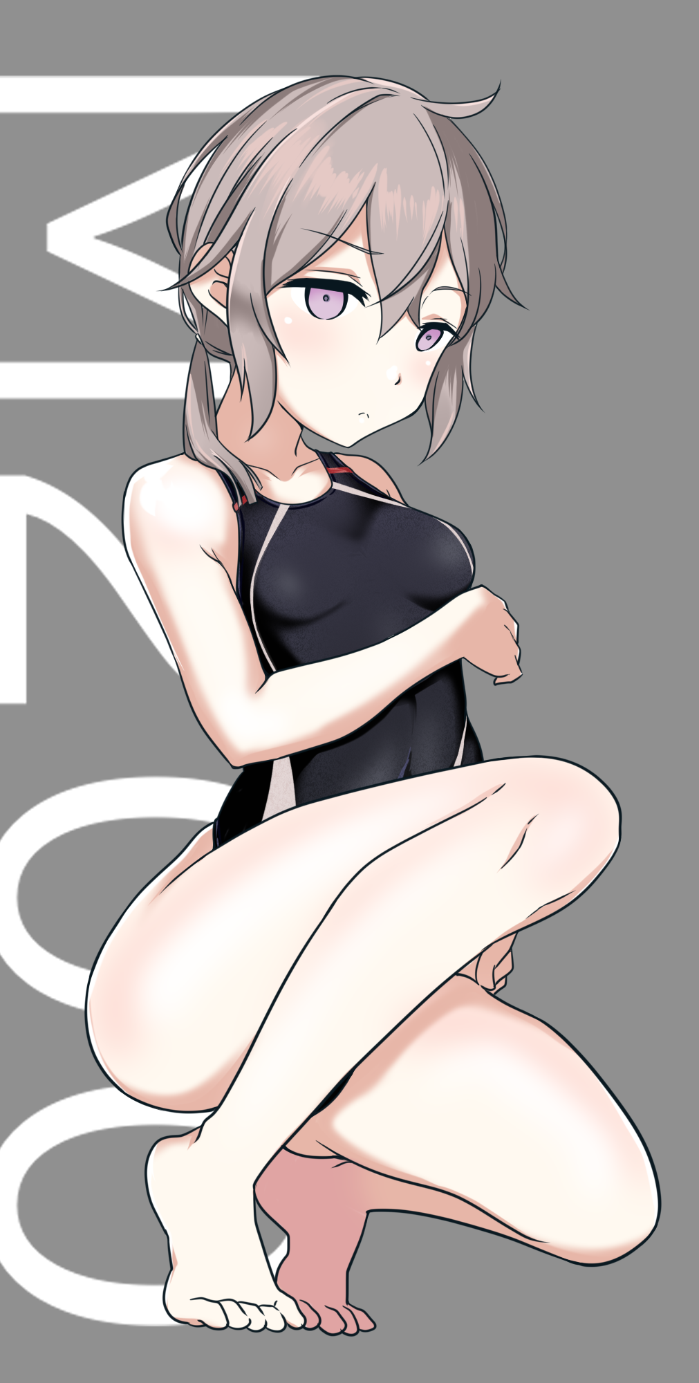 1girl, aiuchi, barefoot, black_swimsuit, breasts, character_name, collarbone, commentary_request